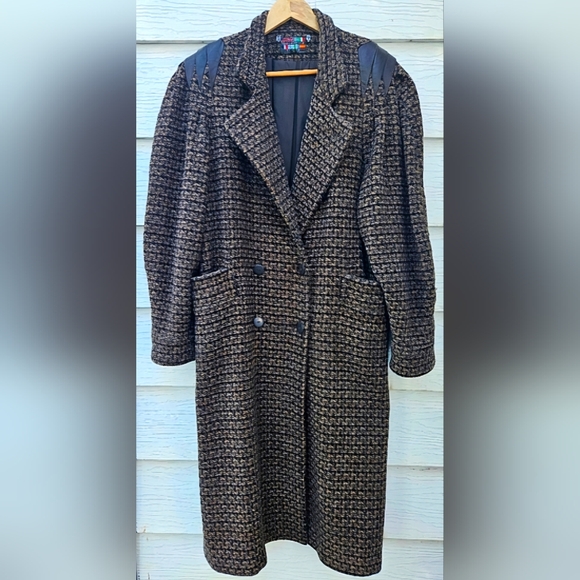 Vintage Coat 1980's Full Length Wool Leather Retro Warm Heavy Cozy Cute Comfy L - Picture 12 of 12